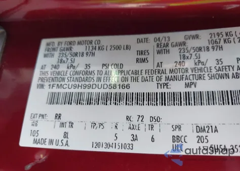 2013 Ford Escape Sel z USA, uszkodzony, nr VIN 1FMCU9H99DUD58166